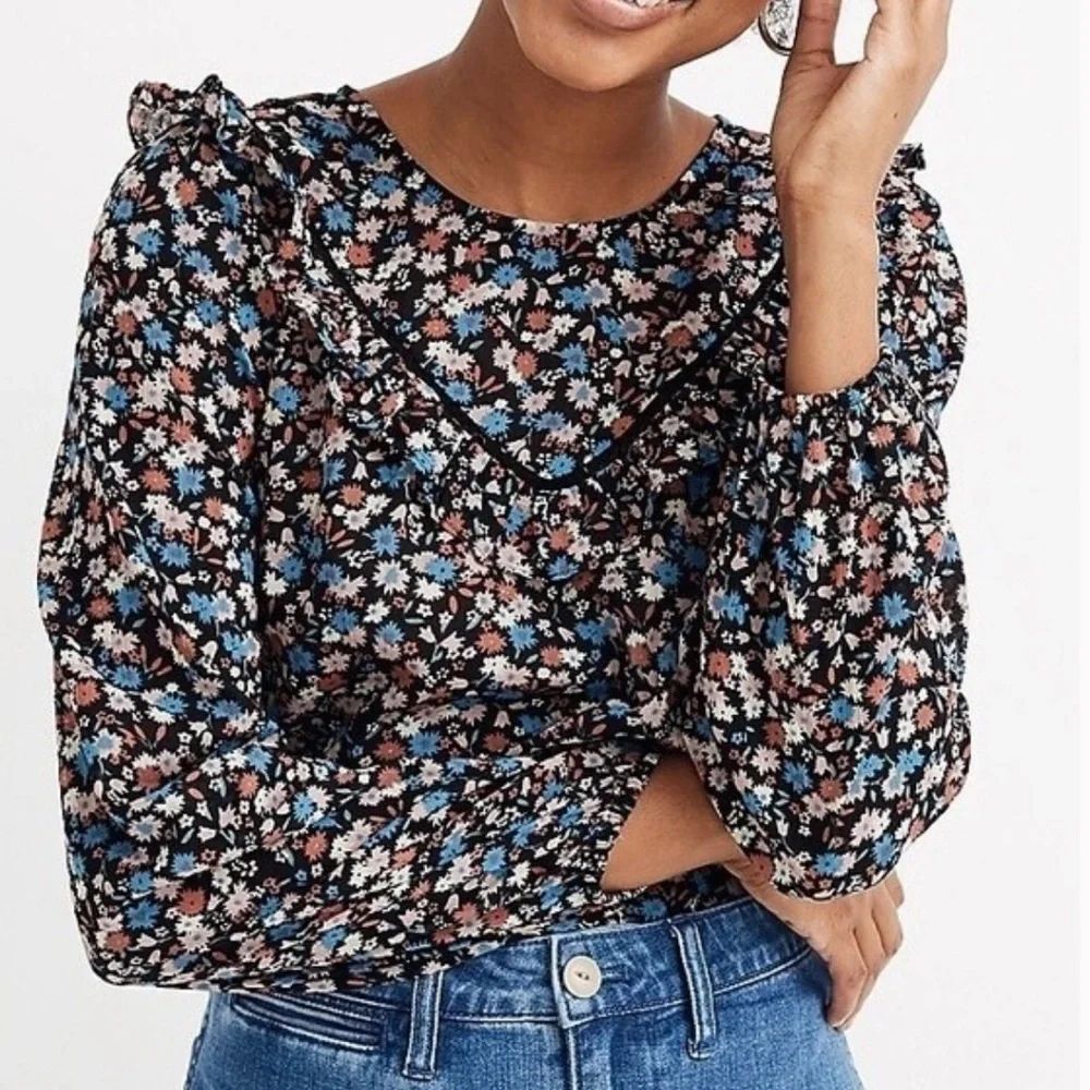 Madewell Floral Ruffle Yoke Prairie Top L Cottagecore Feminine Spring Soft Girl